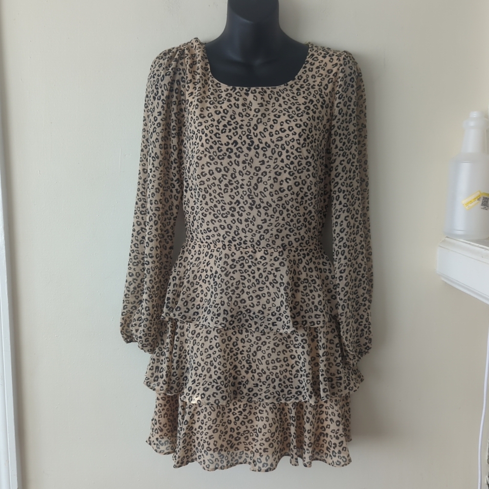 NWT Trixxi Leopard Sheer Ruffle Tiered Dress Women Small Y2K Fit And Flare